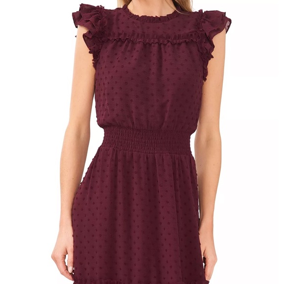 CeCe Women's Ruffled Flutter Sleeve Swiss Dot Midi Dress in Rich Carbernet - Picture 3 of 7